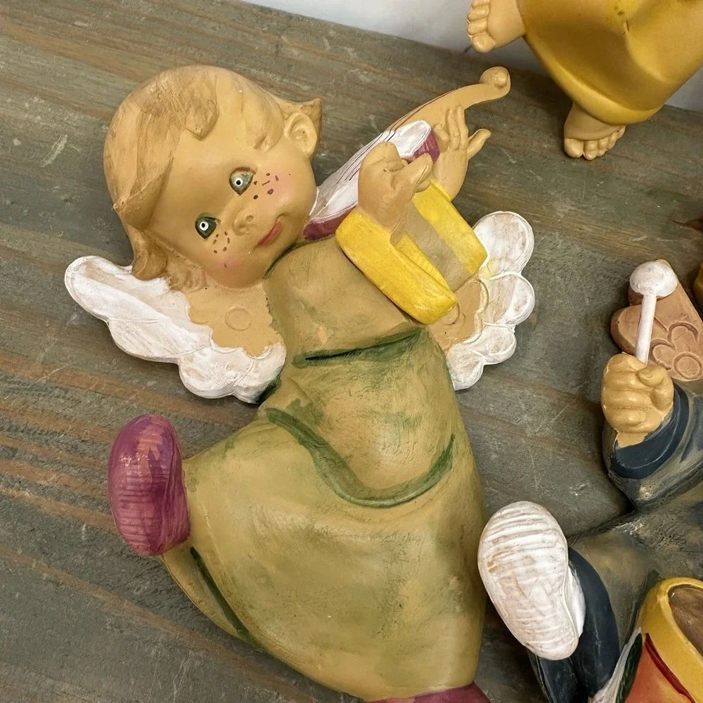 Vintage Fontanini Angel Cherub Set Of 3 Wall Plaque Drummer Baby Italy Resin